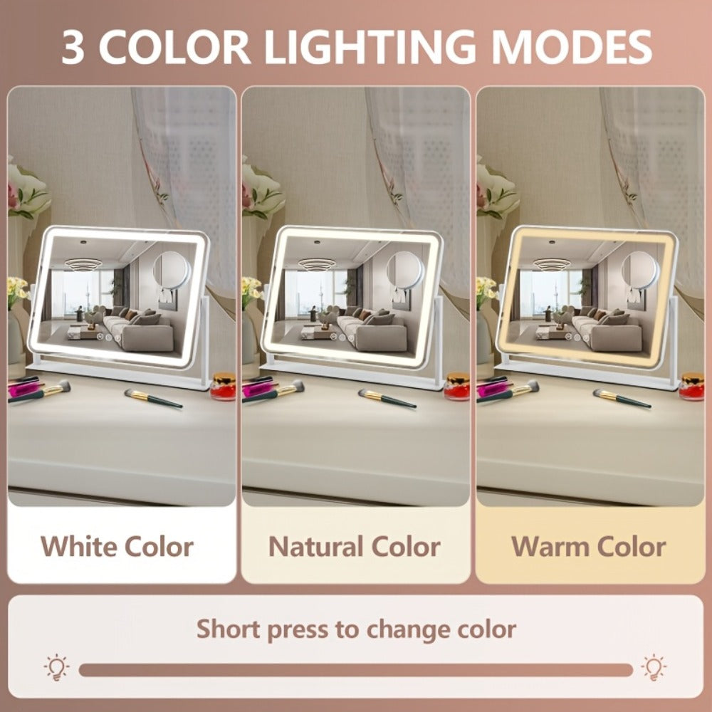 LED Vanity Mirror, Rectangular Tabletop Makeup Mirror with Touch Dimming and Three Light Colors on a Rotating Stand — image 5