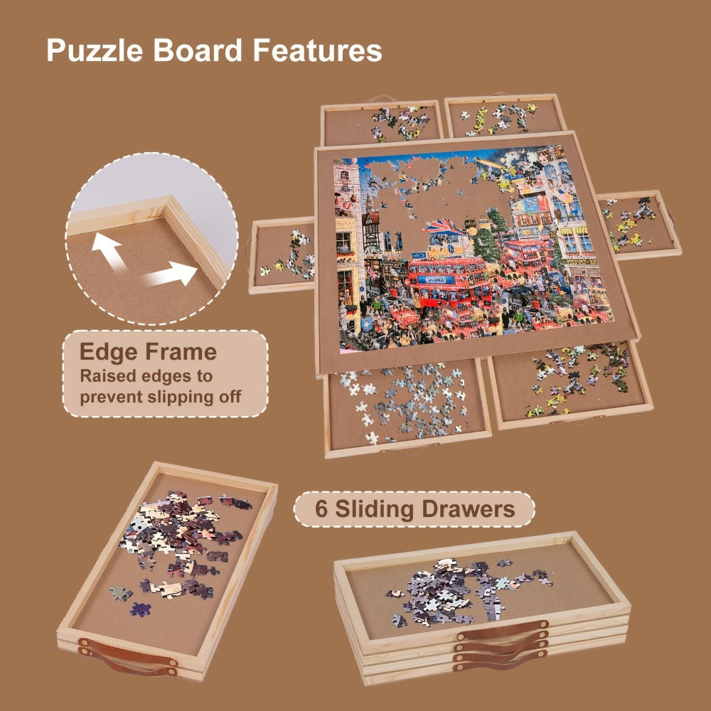 Rotating Puzzle Table with 6 Drawers & Cover for 1500 Pieces – 35"x27" Deluxe Wooden Jigsaw Board with Sorting Storage — imag