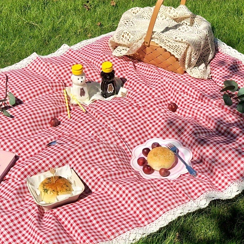 Tablecloth in Red Gingham Plaid with White Lace Edge for Picnic, Camping and Photo Backdrop Use — image 6