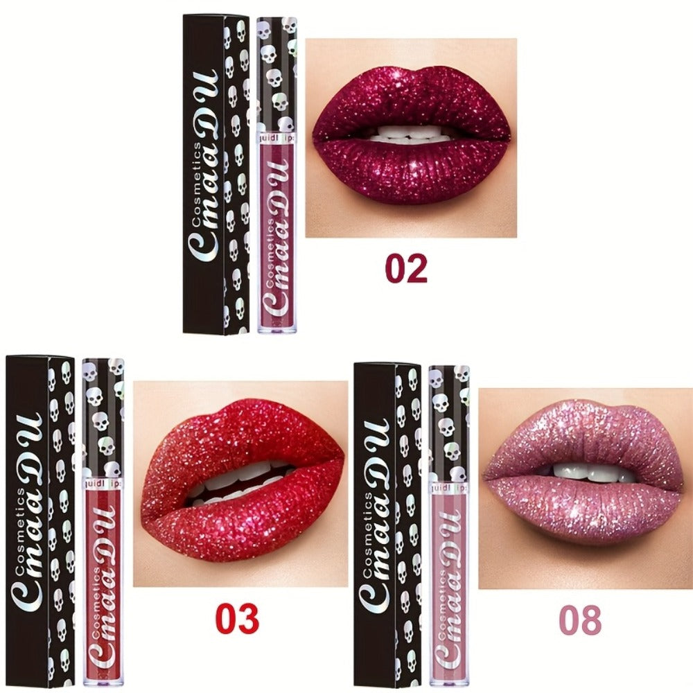 Glitter Lip Gloss Set 3pcs Skull Design Shimmer Liquid Lipstick Long Lasting Easy Remove Bold Shiny Lip Color for Music Festi