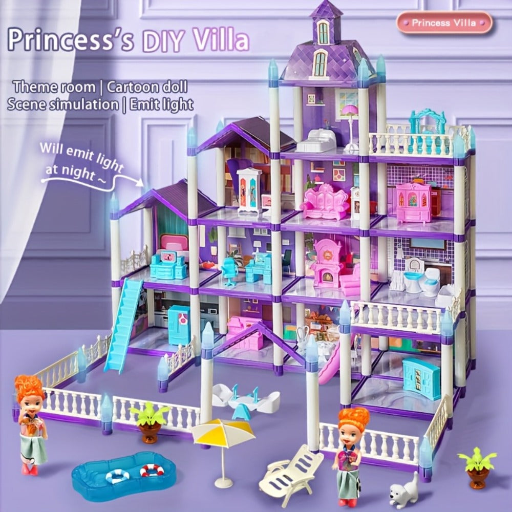LED Dollhouse Playset for Girls, Purple Multi-Room Playhouse with Doll Figures, Puppies, Furniture & LED Lighting — image 6
