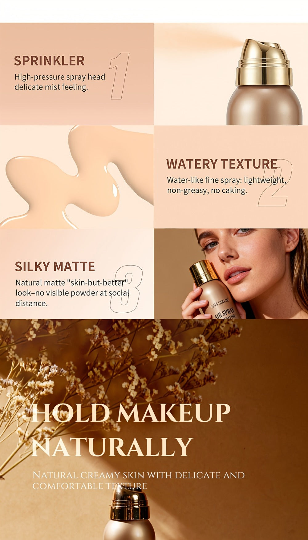 Waterproof Matte Foundation Spray Powder with Brush Set for Women – Sweat-Proof Long-Lasting Full Face Coverage Natural Finis