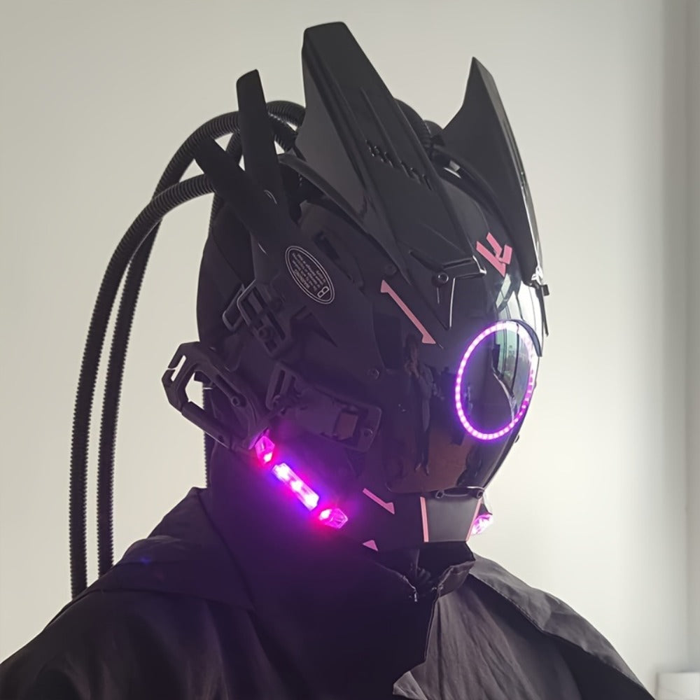 LED Braided Cyberpunk Costume Helmet with Circular Face Light and Blue, Green or Pink Accent Styles — image 27
