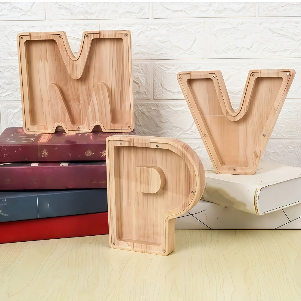 Alphabet Letter Piggy Bank A-Z Wooden Coin Bank Large Capacity Transparent – Personalized Savings Box for Kids | Back to Scho