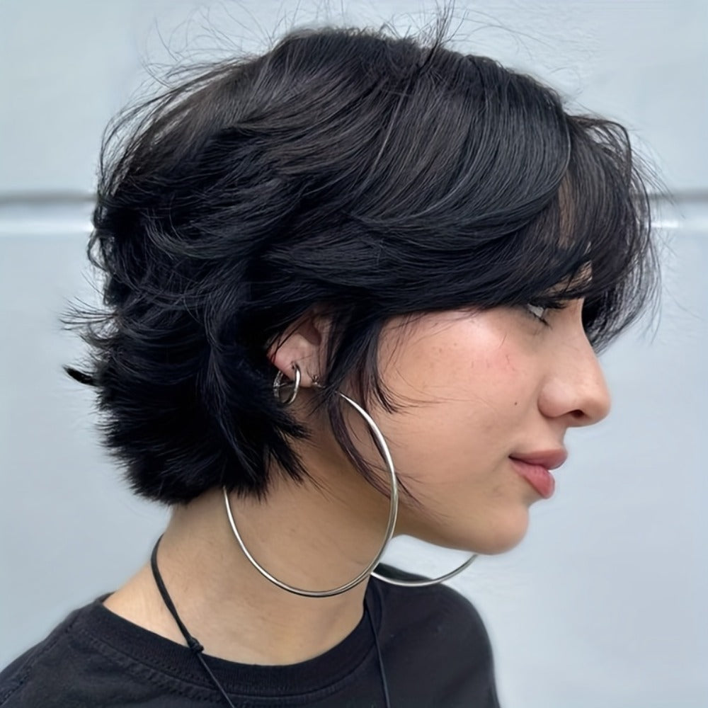 Wig Short Curly Wavy Pixie Bob in Natural Black, 6-Inch Human Hair with Bangs and Rose Net Cap — image 9