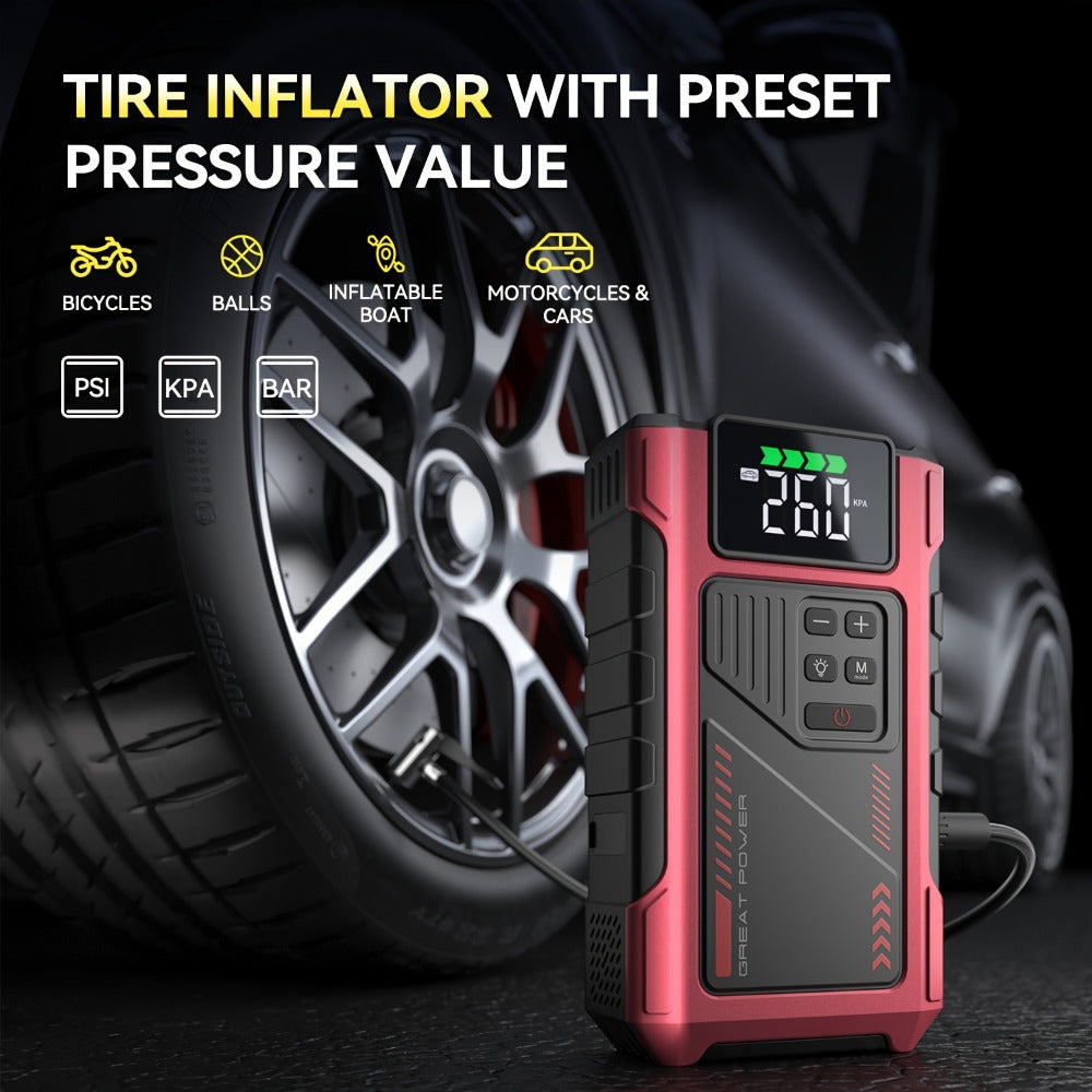 12V Jump Starter with 4000A Marking, 150 PSI-Labeled Air Compressor, Digital Pressure Display and Two Black Color Options — i