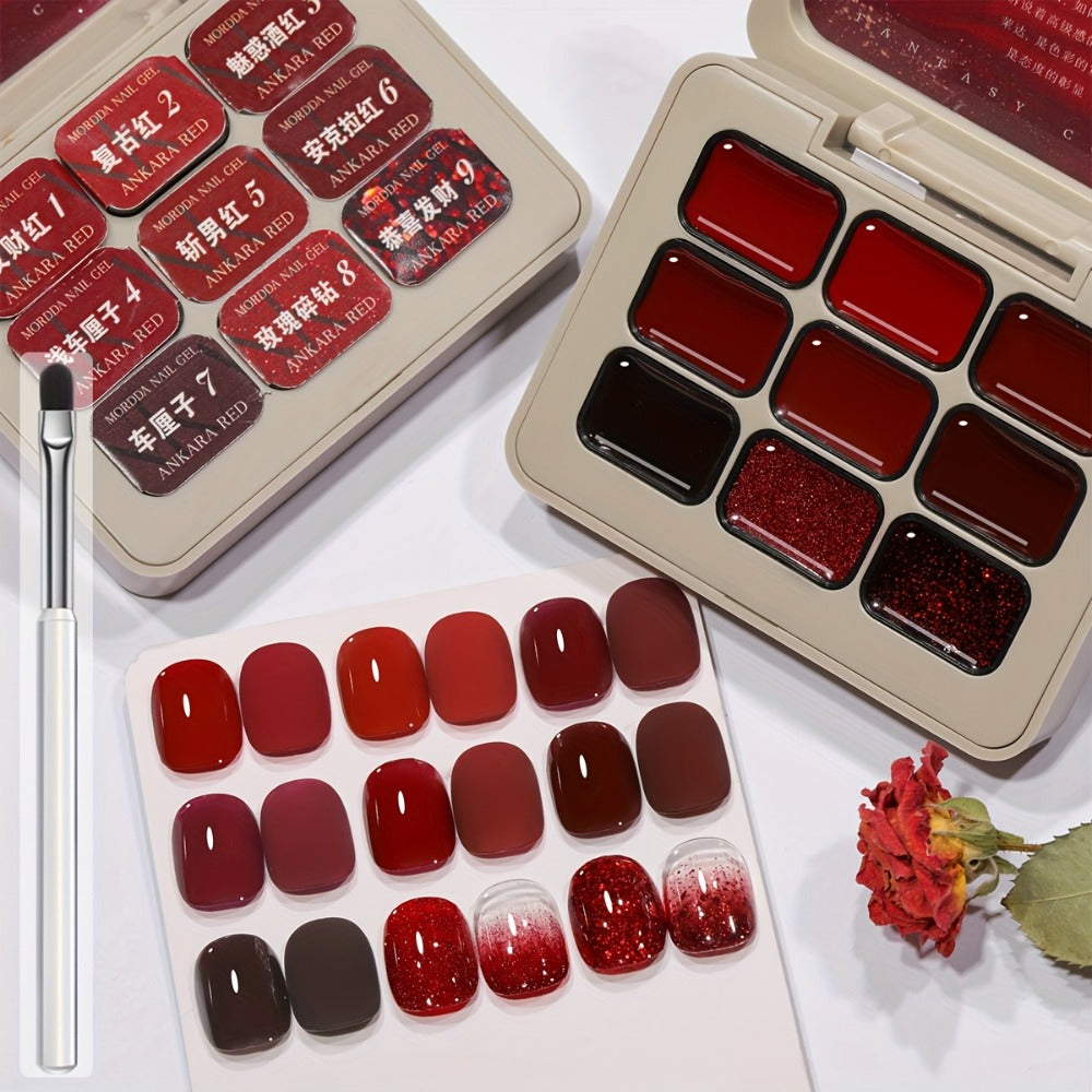 Gel Nail Polish Nine-Piece Ancola Red Solid Gel Set for Gradient and Ombre Nail Art in One Grid Case — image 1