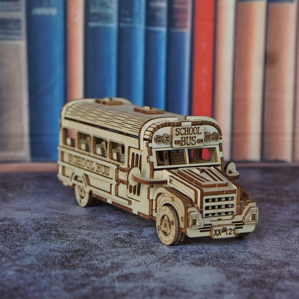 Wooden School Bus Model Kit with Laser-Cut Panels, Rolling Wheels and 20.5 cm Display Length — image 2