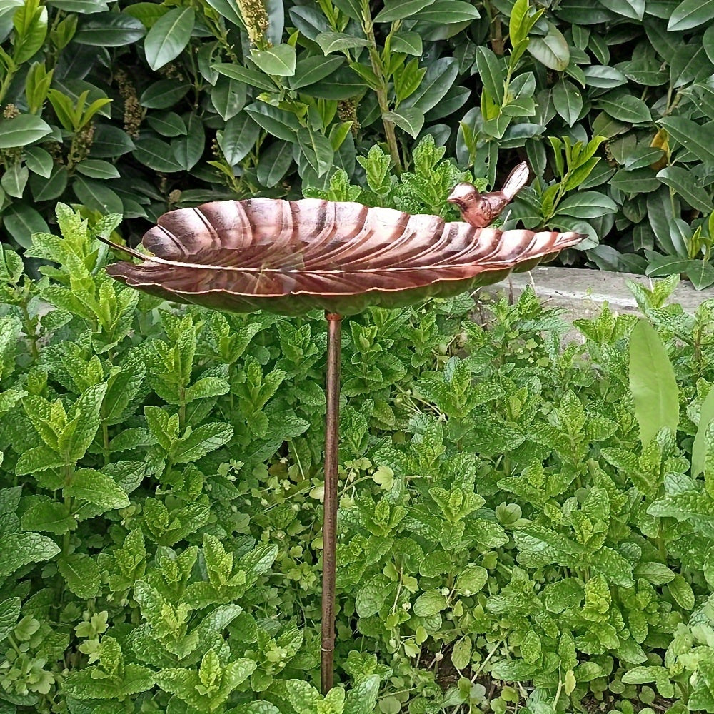 20-Inch Copper-Look Leaf Bird Bath with Bird Accent and Two-Prong Garden Stake for Yard and Lawn — image 6