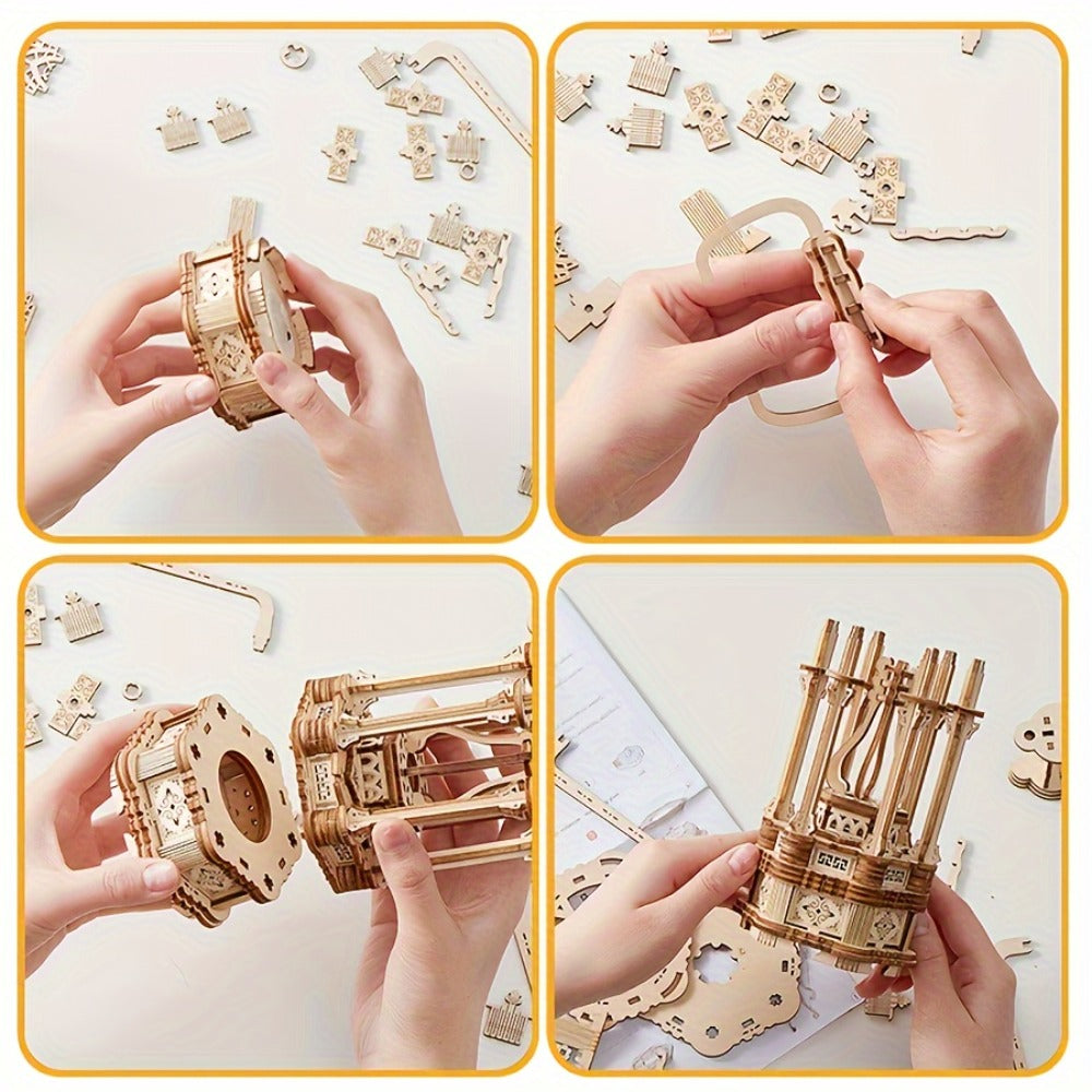LED Wooden Lantern Model Kit, Rotating Mechanical 3D Wooden Puzzle for Adults & Teens, Glowing Vintage Desk Decor Display — i