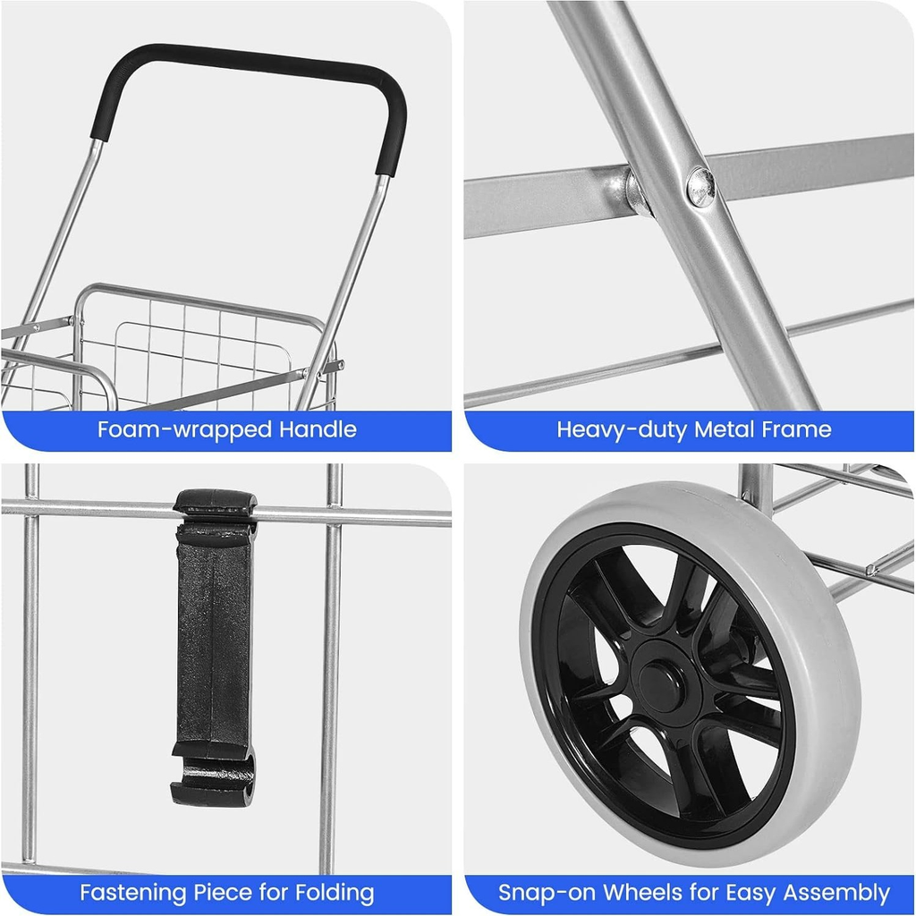 Rolling Shopping Cart Metal Basket, Foldable Grocery Utility Cart with Foam Handle Large Wheels 22 Gal for Supermarket Laundr