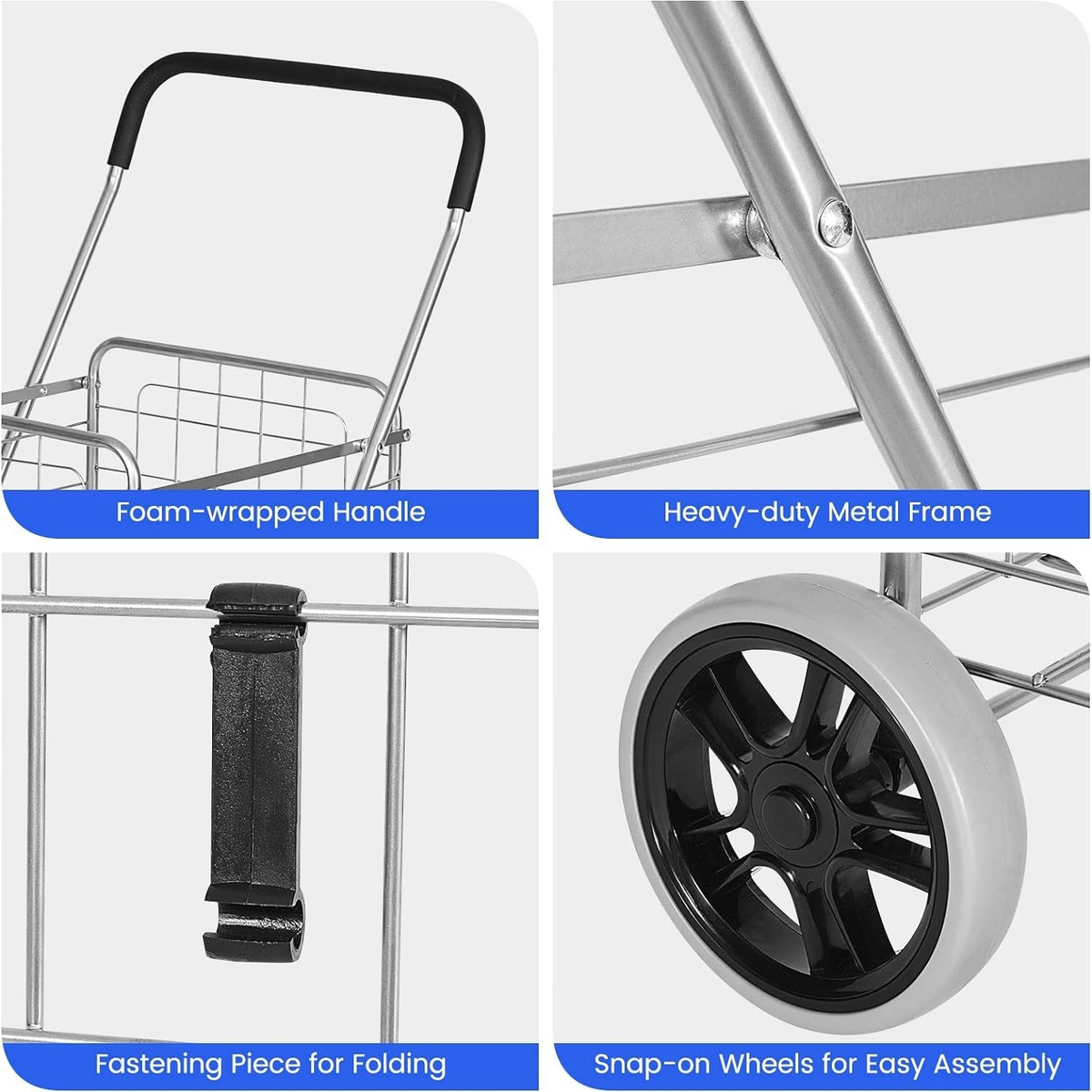 Rolling Shopping Cart Metal Basket, Foldable Grocery Utility Cart with Foam Handle Large Wheels 22 Gal for Supermarket Laundr