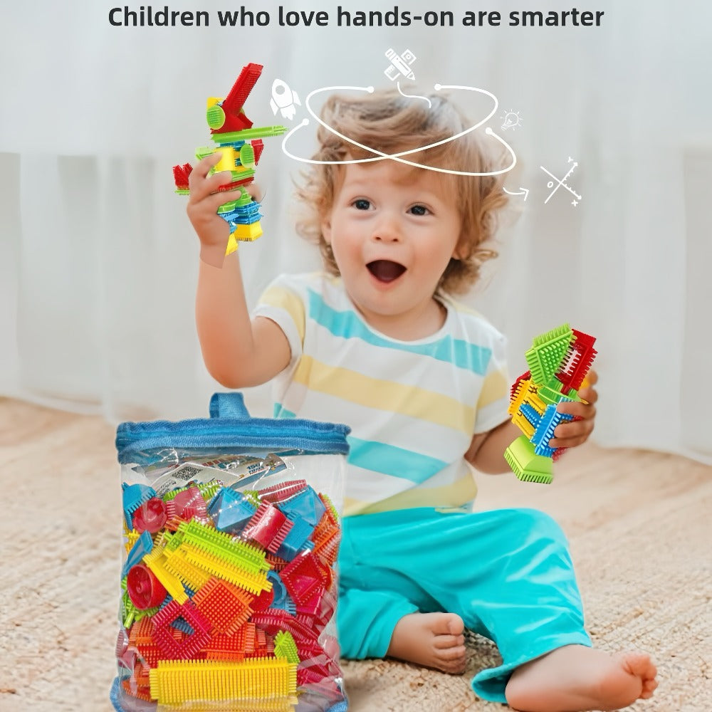 Building Block Set Bristle Construction Pieces, 150-Piece Colorful Interlocking Shapes with Storage Tub — image 15