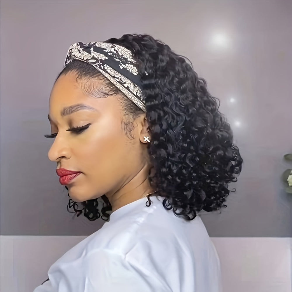Headband Wig Curly Wavy for Women Black Synthetic Glueless No Lace – Elastic Cap Heat Resistant Beginner Friendly for Daily W