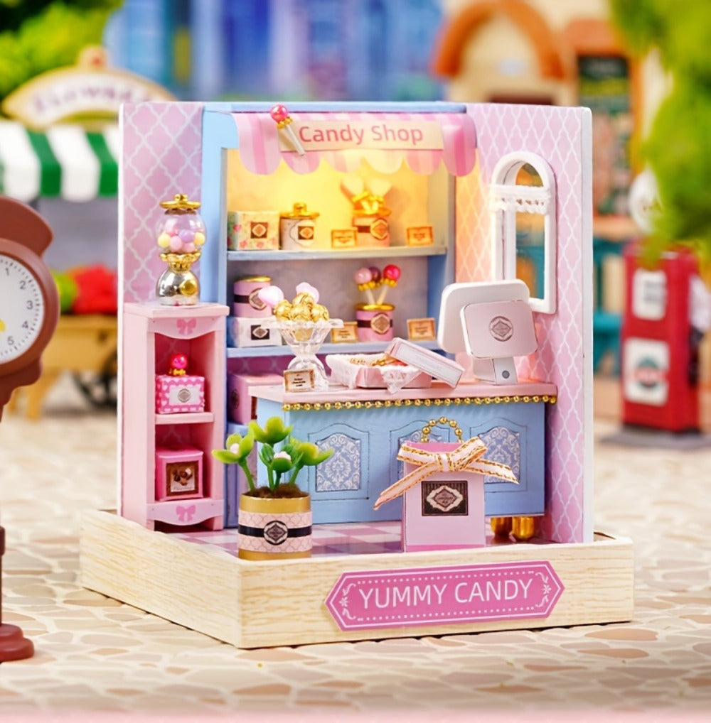 DIY Miniature Shop Dollhouse Kit with Dust Cover, Wooden Mini Store Assembly Set, 4 Themes Sakura Noodles Candy Atelier Coffe