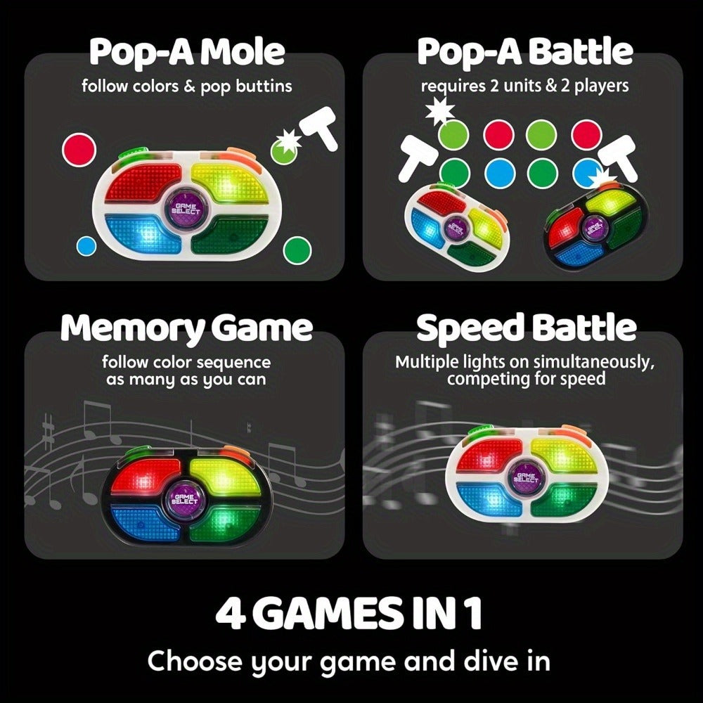 Portable Handheld Gaming Device 2-Pack, 7-Button Electronic Game with 4 Modes, Light & Sound, Memory & Speed Battle for Kids 
