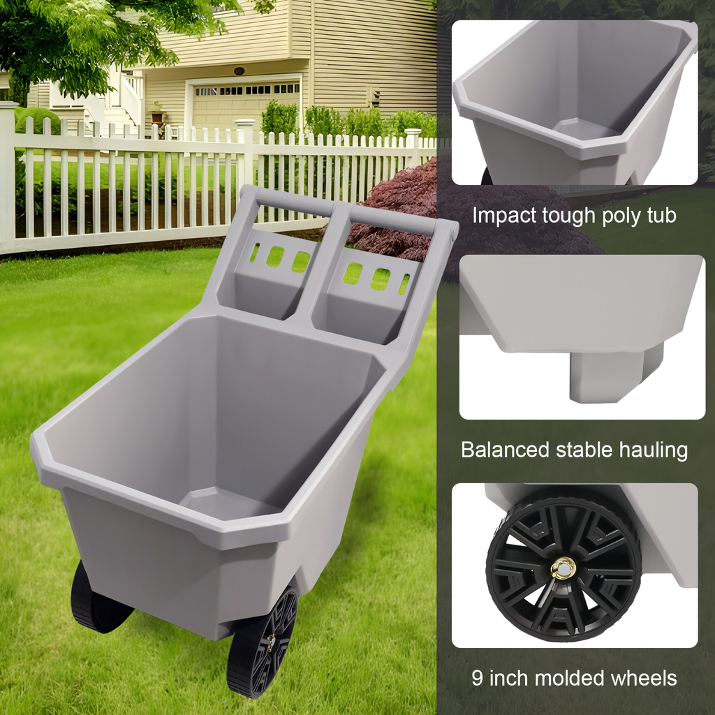 Wheelbarrow 2-Wheel Yard Cart, Push Pull Design with 9-Inch Solid Wheels, Trash & Garden Cart, Gray — image 6