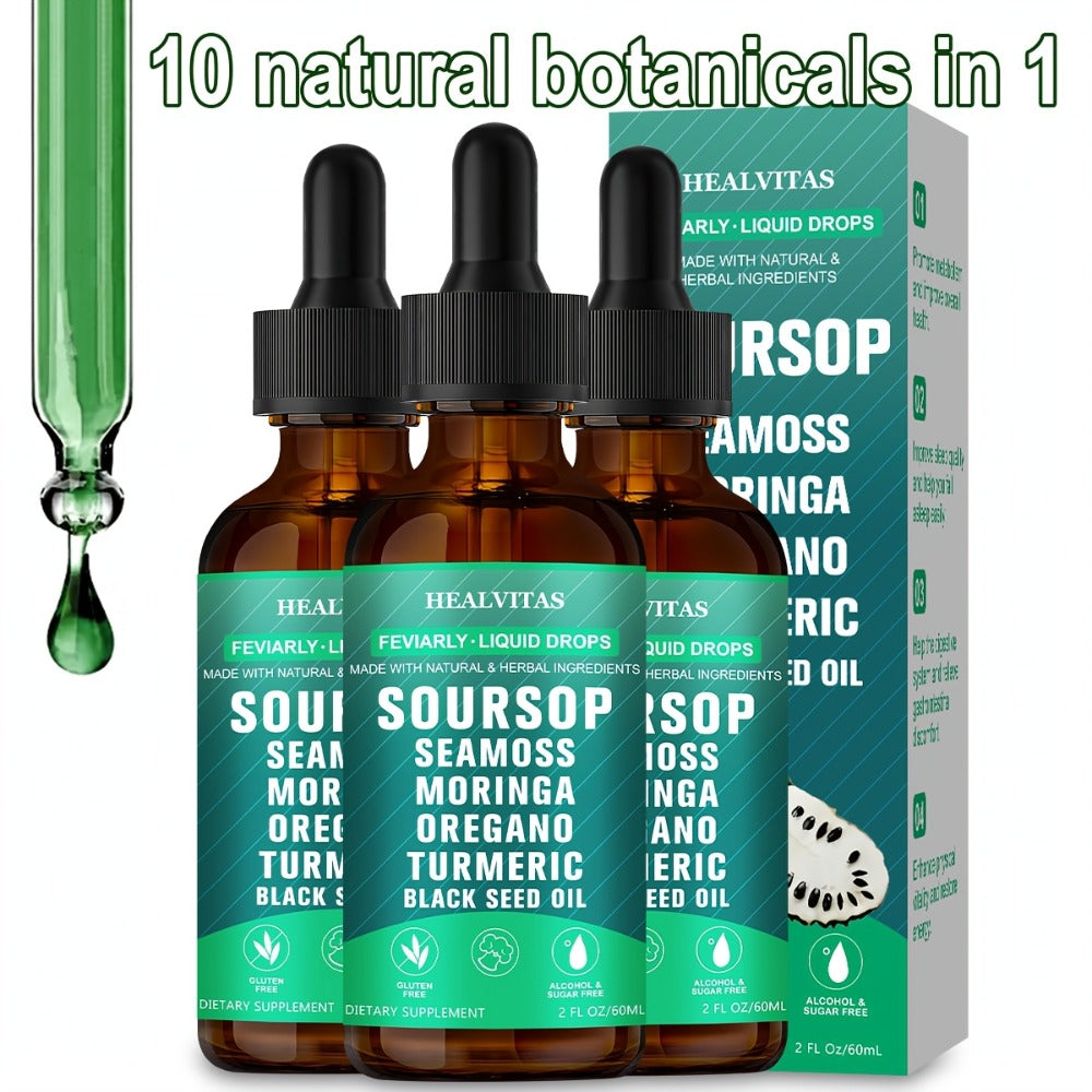 Soursop Bitters Liquid Supplement 2oz 10-in-1 with Seaweed Moringa Turmeric Black Seed Oil & Oregano Herbal Extracts — image 
