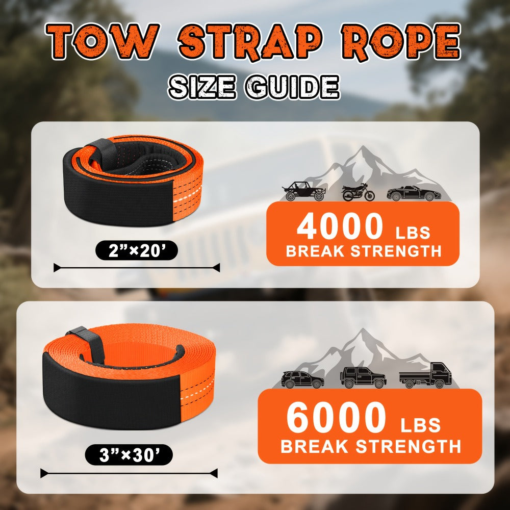 Recovery Tow Strap 4-in-1 Kit 4000-6000 LBS – Off-Road Emergency Strap with D-Ring Shackles, Safety Flag & Storage Bag for Tr