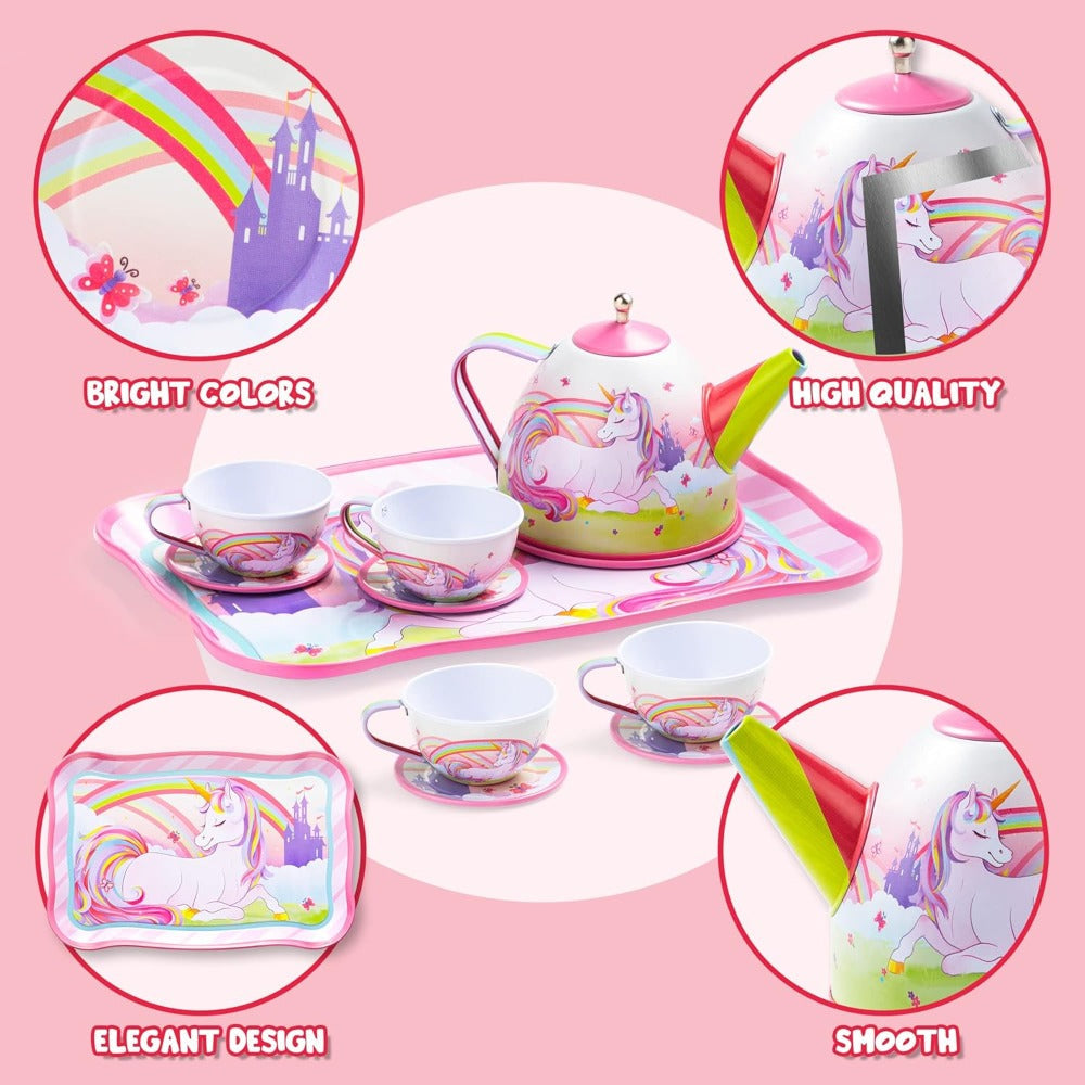 Pink Unicorn Tin Tea Set in Carry Case with Teapot, Four Cups, Four Saucers and Five Plates — image 11