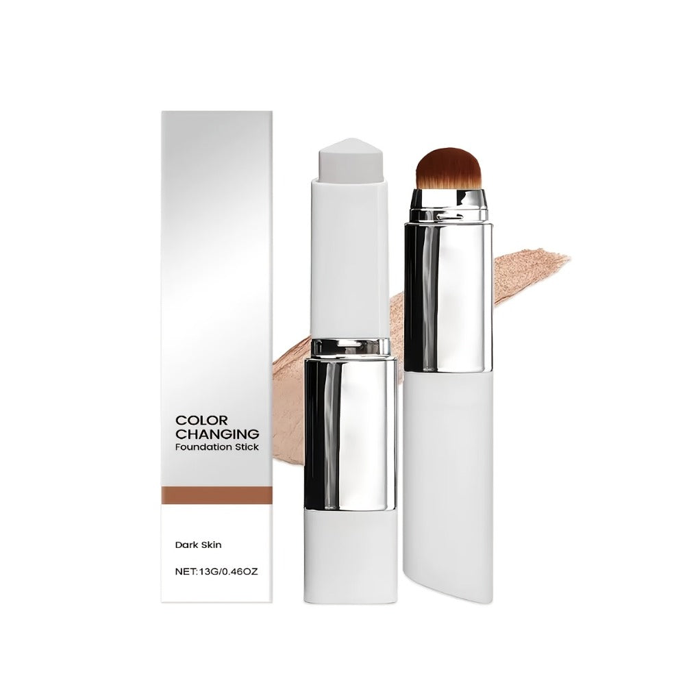 Skin Tone Adapting Color-Changing Foundation Stick 2-Piece with Built-In Brush & Puff – Lightweight Matte Finish Sheer to Bui