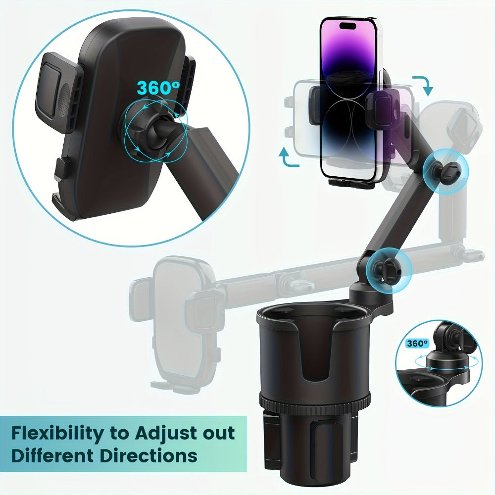 2-in-1 Car Phone Holder & Cup Holder Extender – Swivel Rotating Mount with Shock-Absorbing Trim, Universal for Cars, SUVs & T