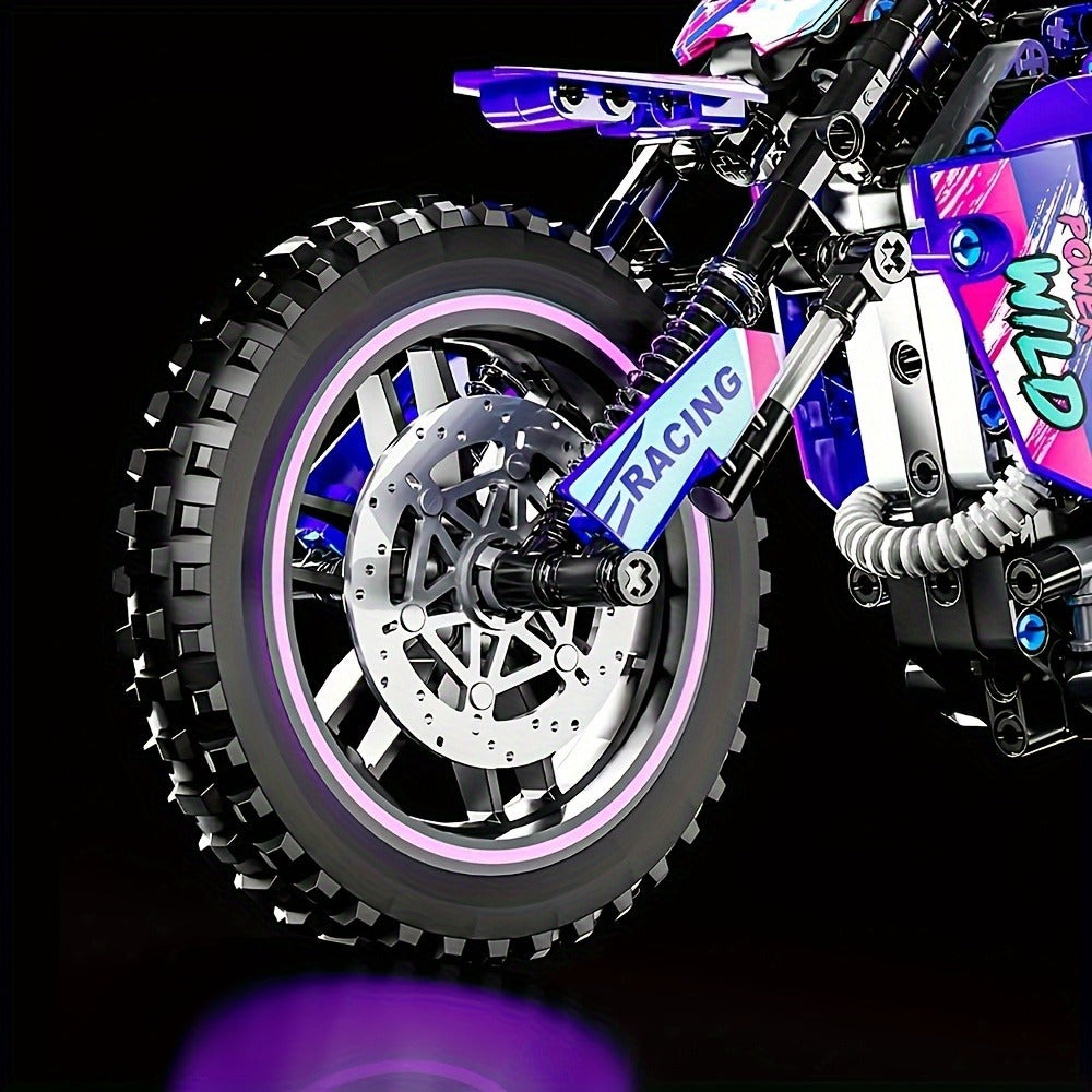 Building Block Set Off-Road Motorcycle Model, 476-Piece Purple and Black Bike with Display Dimensions and Instructions — imag
