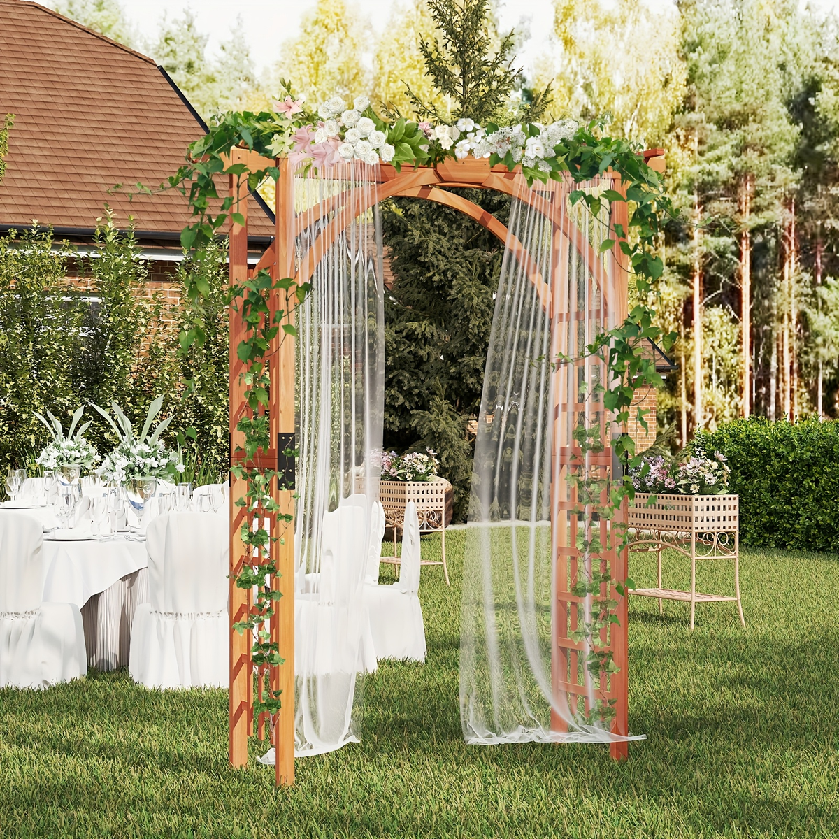 Cedar Wood Arbor 84" Double Lattice Garden Arch Pergola Trellis for Garden, Patio and Yard Use — image 9