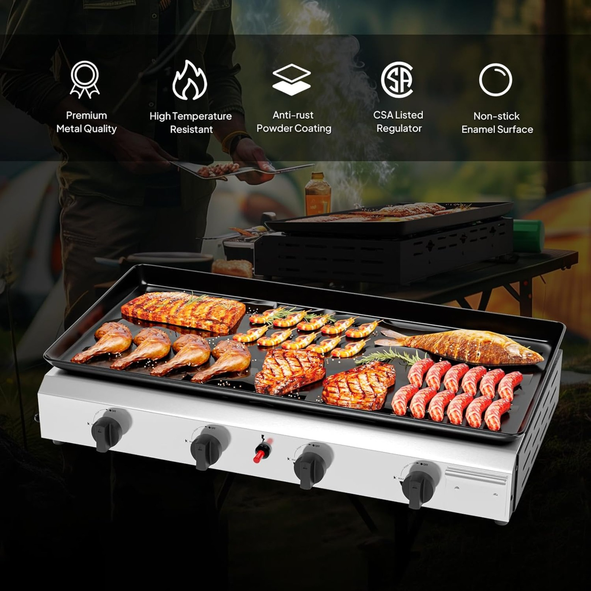 Flat Top Griddle Propane Tabletop 2 or 4 Burner, 20000 BTU Portable Gas Grill with Nonstick Enamel Tray — image 28