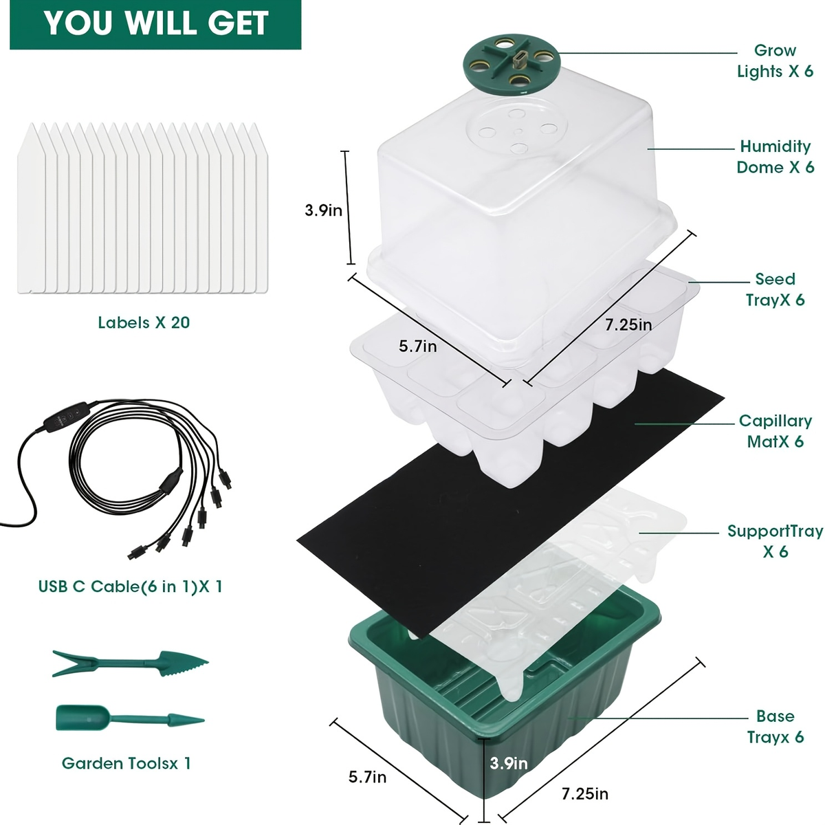 Seed Starter Kit 6-Pack with Grow Light Timing Controller, Adjustable Brightness Thickened Humidity Dome Heightened Lid — ima
