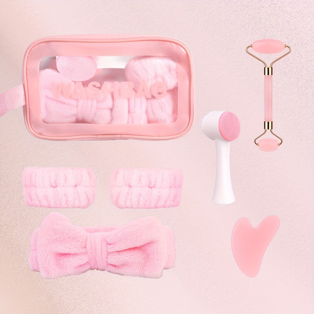 Facial Cleansing Massage Set 7Pcs Silicone Face Brush Double-Headed Roller Massager Heart Scraping Board Wristbands Hair Band