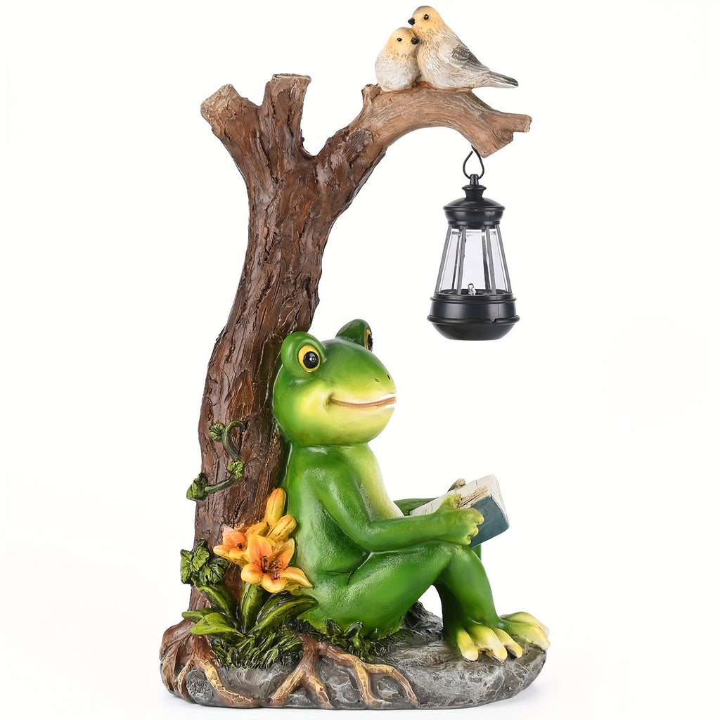 Solar Garden Lights Frog Reading Statue with Lantern, One-Piece Resin Lawn and Patio Ornament — image 2