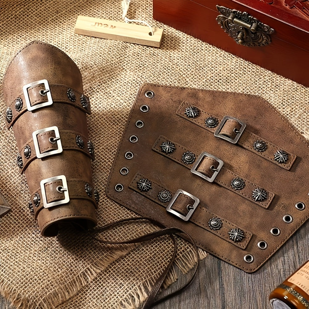 Viking Medieval Leather Arm Guards Bracers – PU Leather Knight Gauntlets Adjustable Metal Buckles Rivets for Men Women Hallow