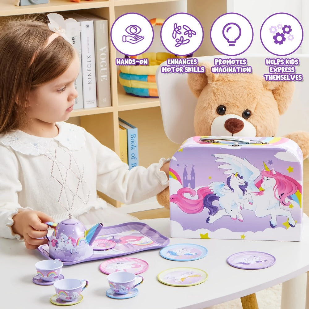 Purple Unicorn Tin Tea Set in Carry Case with Teapot, Four Cups, Four Saucers and Five Plates — image 6
