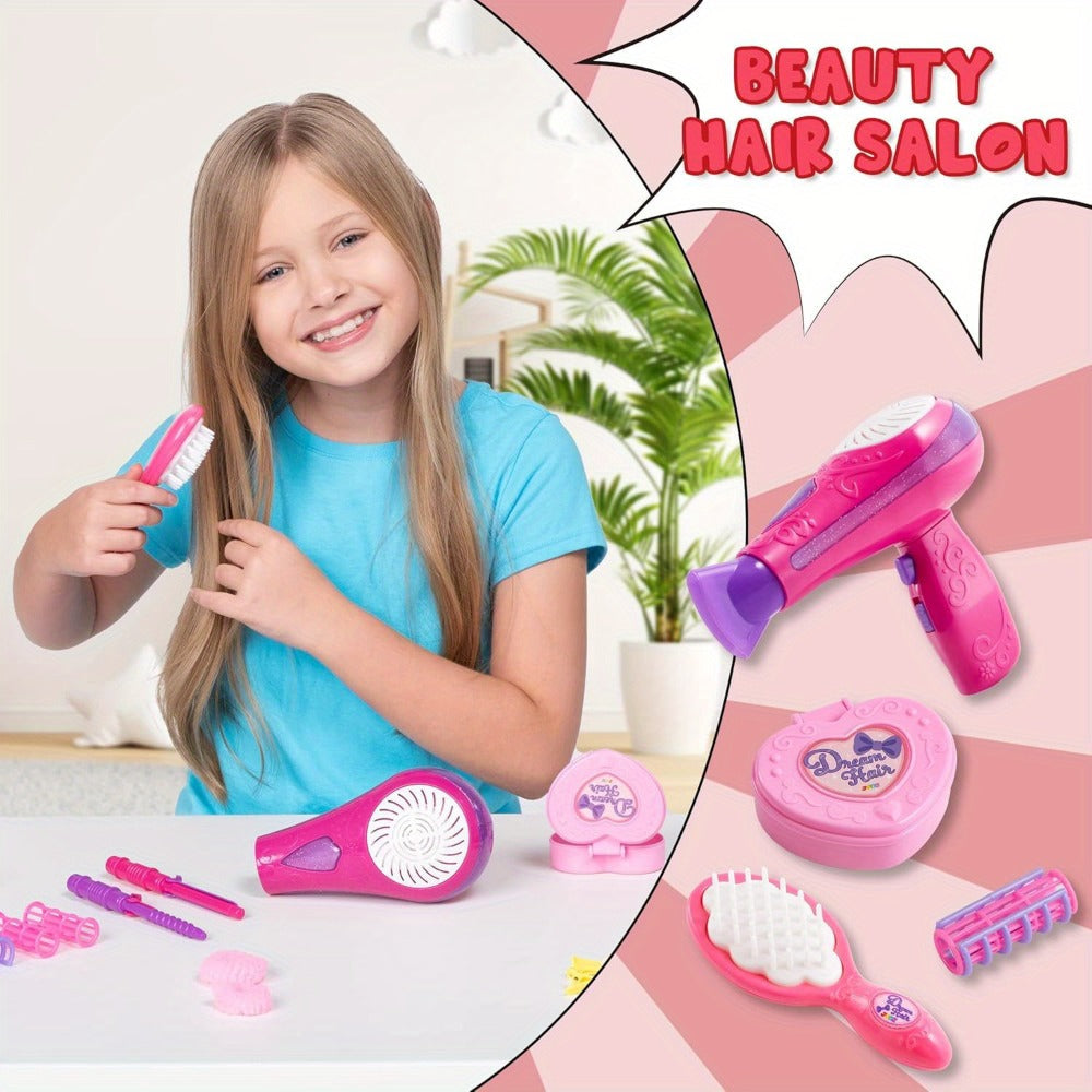 Girls Beauty Salon Toy Set 17 PCS, Pretend Play Hair Stylist Kit with Working Hairdryer Mirror Curling Wands Combs Clips & Je