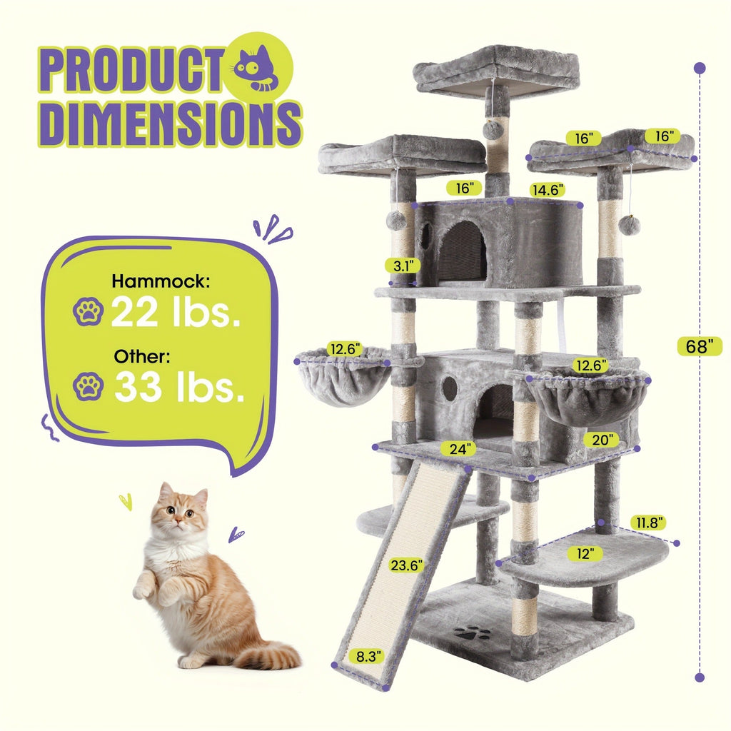 Multi-Level Cat Tree in 36-, 65-, 68- or 81-Inch Heights with Perches, Condo, Hammock and 30 Color, Pattern or Layout Options