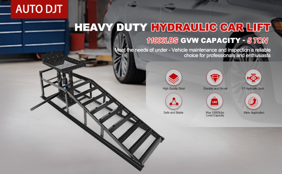 Hydraulic Vehicle Ramps 11, 000 lb 5T Low Profile Heavy Duty Lift Service Ramps for Truck Trailer Garage – Adjustable Height 