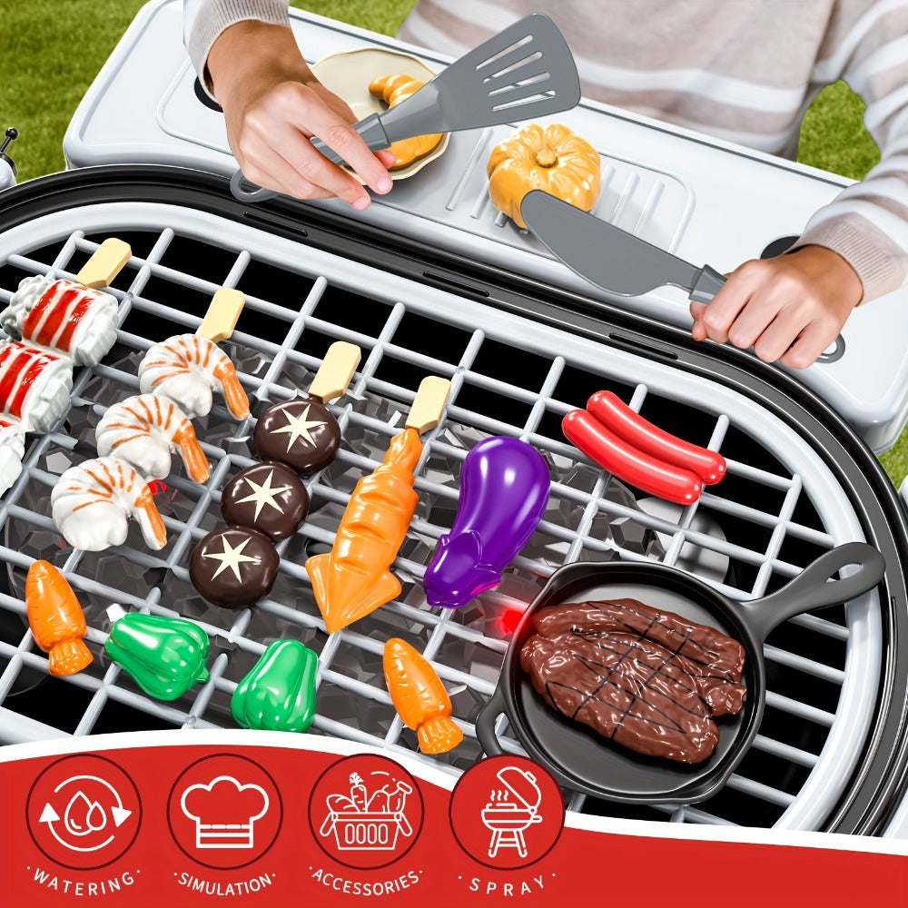 Kids BBQ Grill Playset Two-Tier for Grilling, Camping and Outdoor Meals with Toy Food Meats Fruits Spices & Working Water Tap