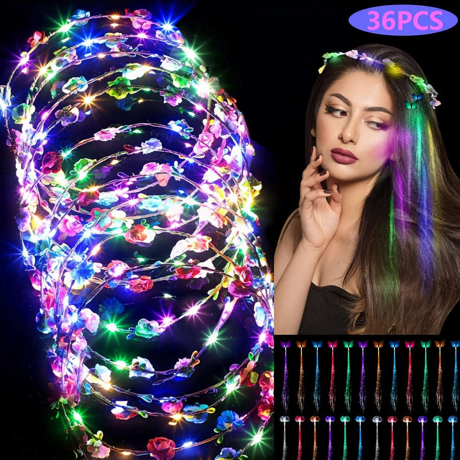 Light Up Flower Crown Headbands 36 Pack Bulk LED Fiber Optic Floral Tiara Glow Party Favors for Women Girls — image 3