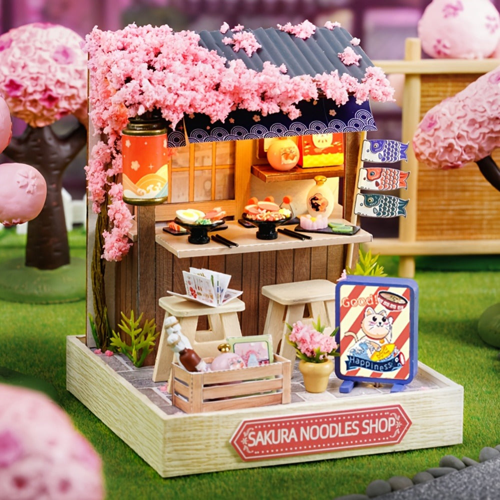 DIY Miniature Shop Dollhouse Kit with Dust Cover, Wooden Mini Store Assembly Set, 4 Themes Sakura Noodles Candy Atelier Coffe