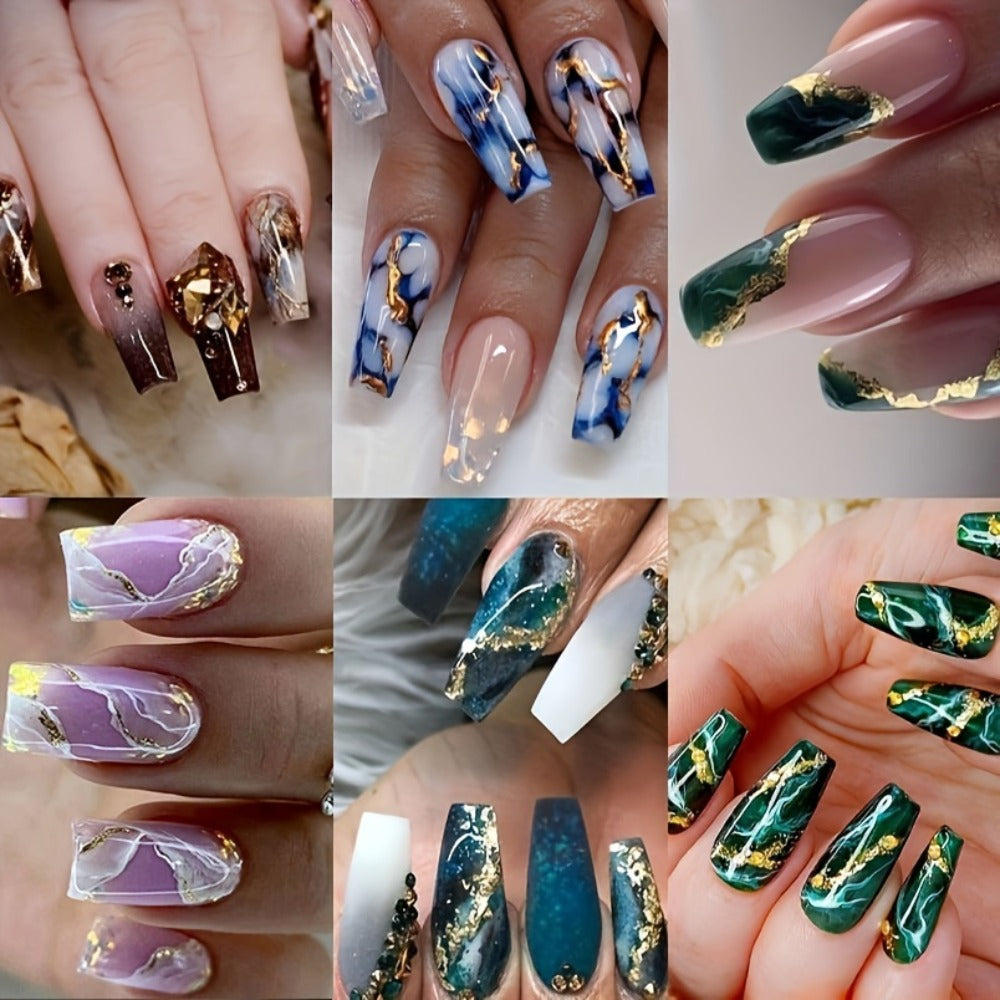 Press On Nails 144-Piece Medium Coffin Set with Blue Marble, Sequins and Included Nail Glue — image 2