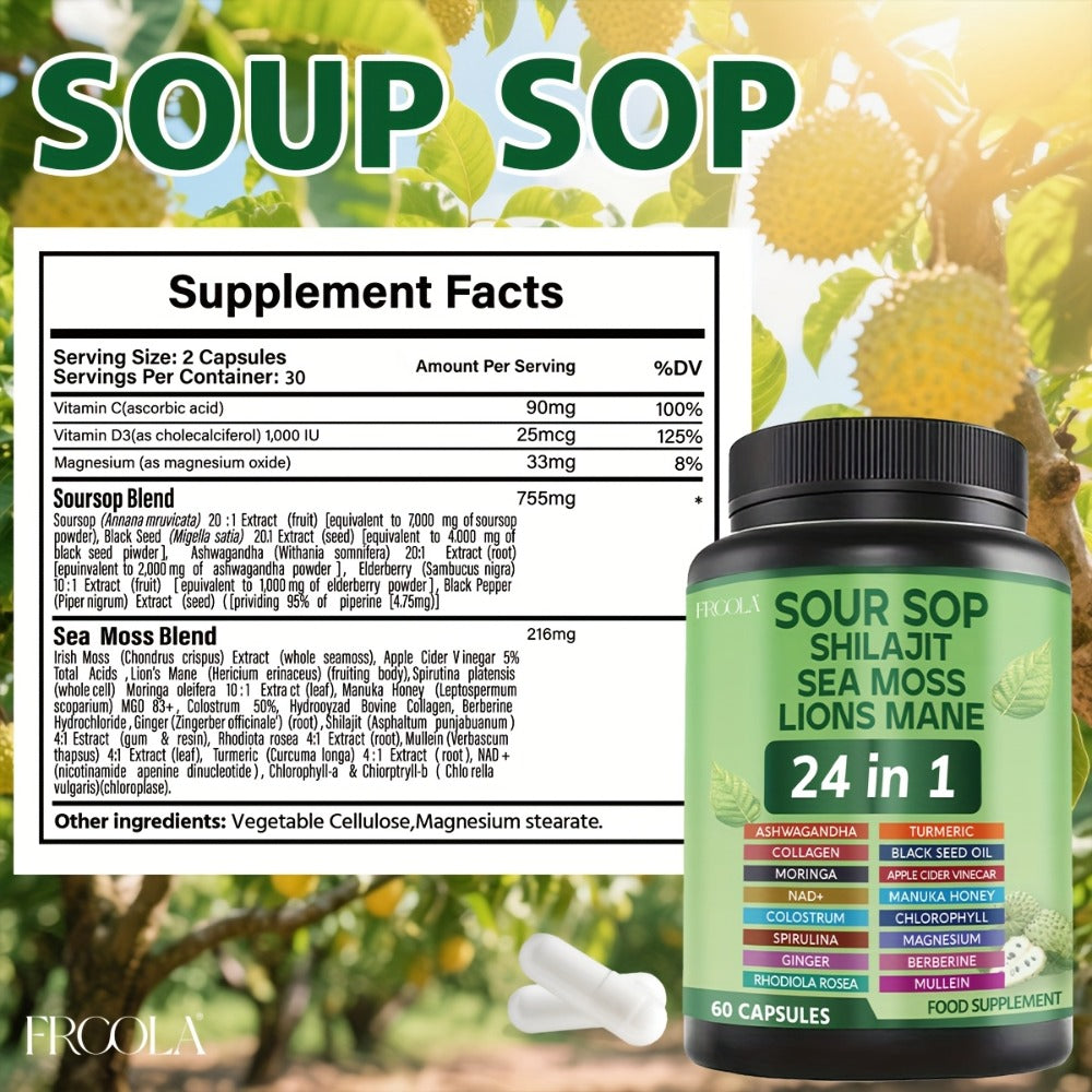 24-in-1 Daily Wellness Capsules with Soursop, Shilajit, Sea Moss & Lion's Mane, 2238mg Immune & Liver Health Formula for Men 