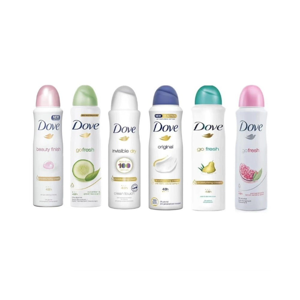 Dove Deodorant Body Spray for Women Antiperspirant 6 Pack Variety Set 48H Protection for Bath Time, Home Spa and Personal Car