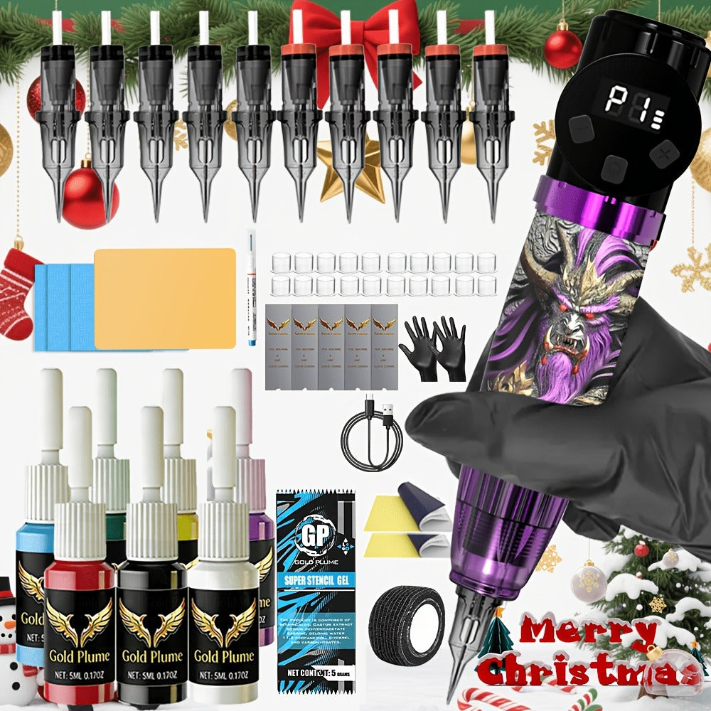 Tattoo Gun Kit Complete Set GOLDPLUME Cordless Rotary Machine 1500mAh Power Supply for Temporary Body Art, Festivals and Cost