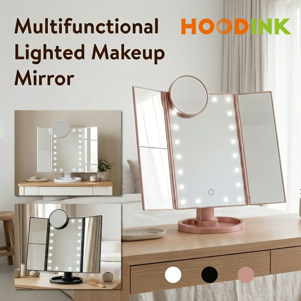 Vanity Mirror with Lights Tri-Fold 21 LED Lighted Makeup Mirror Touch Control 1X 2X 3X 10X Magnification 360 Rotation Dual Po