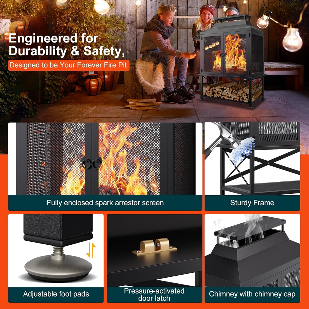 Outdoor Fireplace 39 Inch Rectangular Wood Burning Fire Pit with Grill, Spark Screen & Poker — image 8