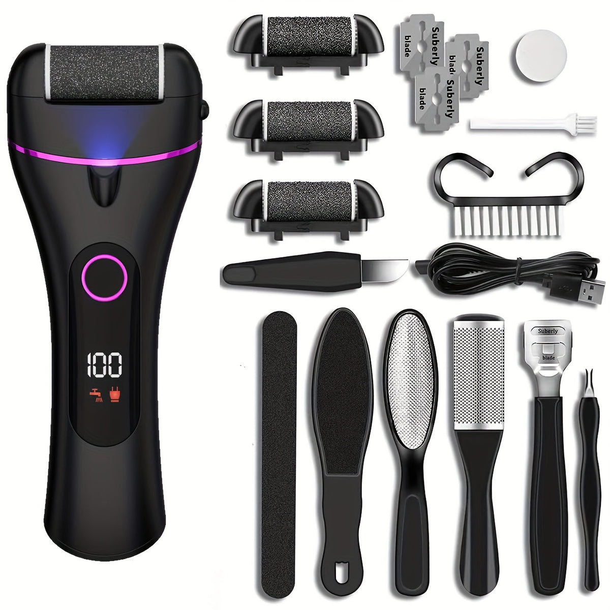 14-in-1 Rechargeable Electric Foot Care Kit with Three Roller Heads, Display and Black or Purple Finish — image 9