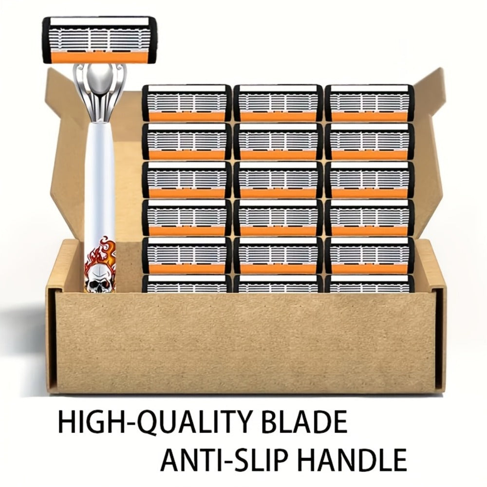 Beard Razor for Men 6-Layer Stainless Steel Blades Premium Metal Handle 36 Replaceable Blades – Mustache Grooming Shaver Ultr