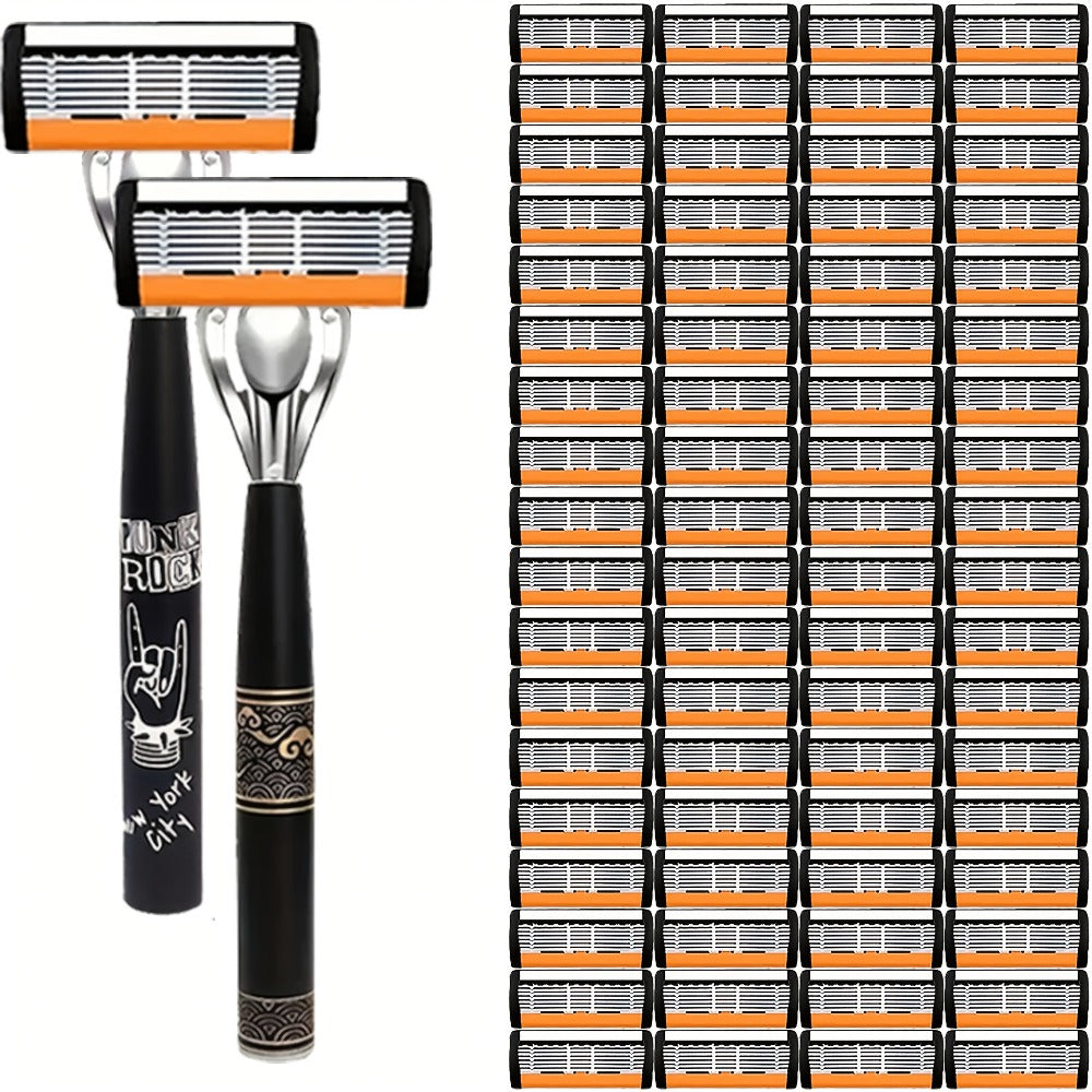 Safety Razor Kit 2 Handles 72 Double Edge Replacement Blades – Classic Wet Shaving Razor Set with Non-Slip Ergonomic Grip for