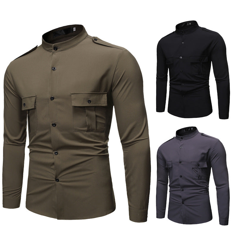 Solid-color long sleeve shirt man
